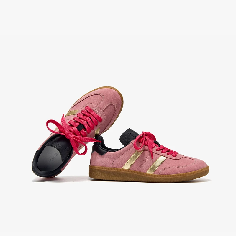 BEAUTODAY Trendy Pink Sneakers Women Cow Suede Patchwork Leather Lace Up Casual Training Shoes Woman Handmade 29839