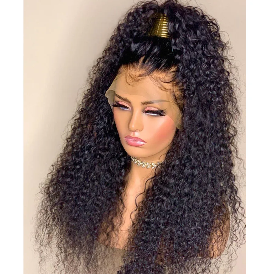 Soft Long 26Inch 180Density Natural Black Kinky Curly Lace Front Wig For Women BabyHair Heat Resistant Preplucked Daily Glueless