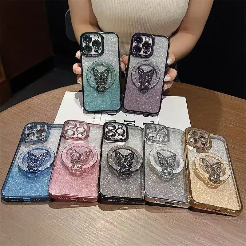 Glitter Butterfly Ring Stand Phone Case For Xiaomi Mi Poco X6 X5 X3 NFC X4 GT M6 Plus M5S M4 M3 F6 F5 F4 F3 F2 Pro 4G 5G Cover