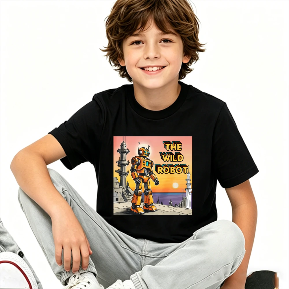 The Wild Robot Kinder-T-Shirt Retro Orange Robot City Sunset Cartoon Grafik-T-Shirt Jungen Mädchen Kinder Lässiges Kurzarm-Oberteil Geschenk