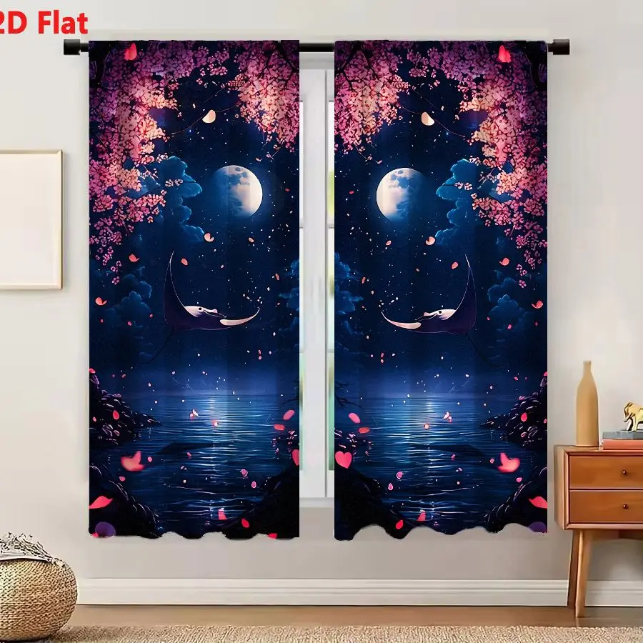 2Pcs Curtains 2D Flat Surreal Night Sky With Two Moons And Flying Manta Rays Over Calm Water Reflecting Pink Cherry Blossoms And