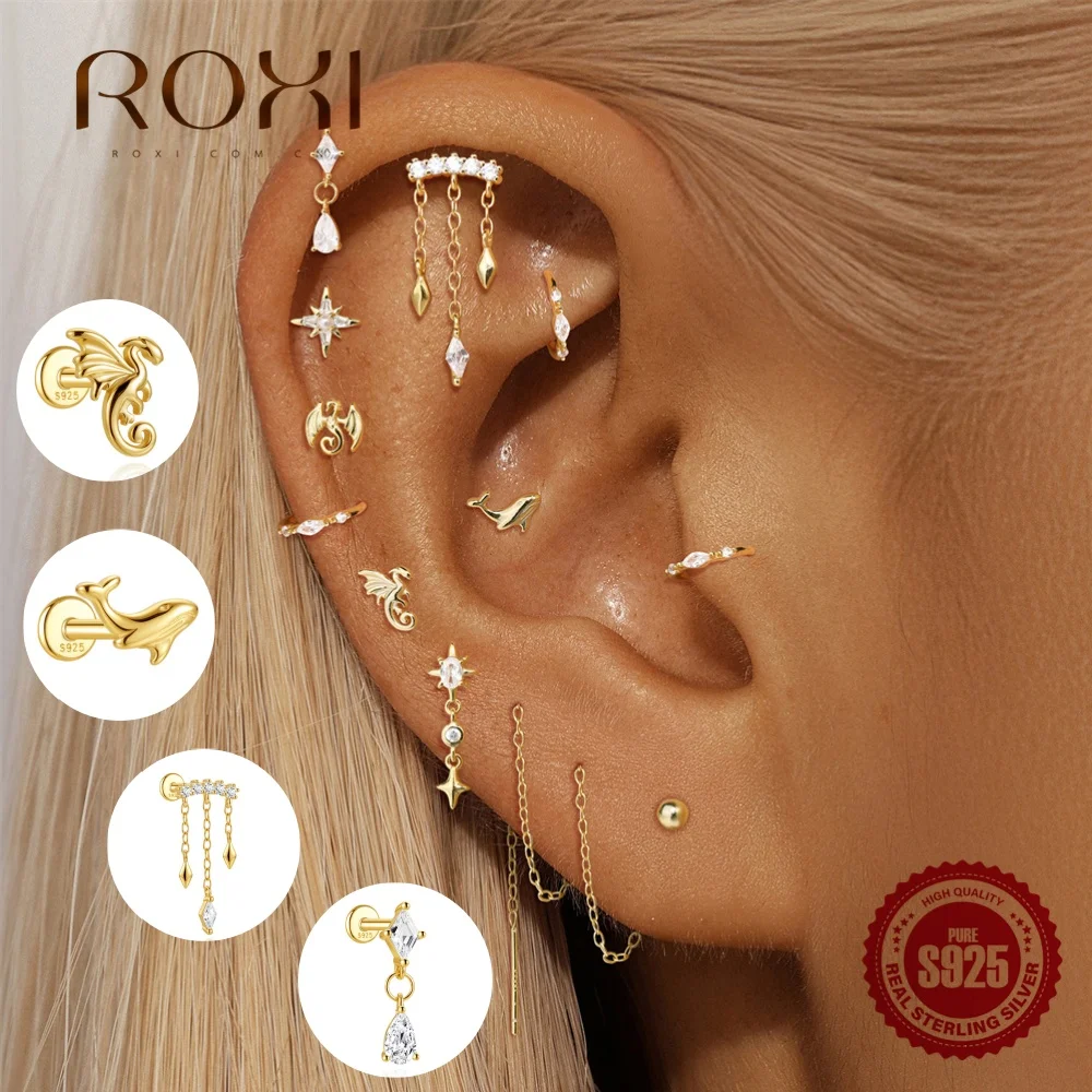 ROXI 1 pièce Boucles d'oreilles en argent sterling 925 avec zircon cubique, motif baleine octogonale et pompon en V, bijoux de luxe pour femme, pour le quotidien, les rendez-vous, les mariages, les fêtes, ou comme cadeau