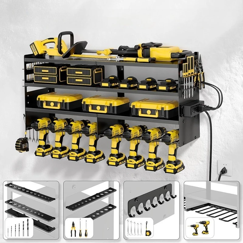 Multi-function Tool Storage Rack Wall-mounted Power Tool Rack Electric Drill Screwdriver Tools Holder Heavy Duty Tools Organizer
