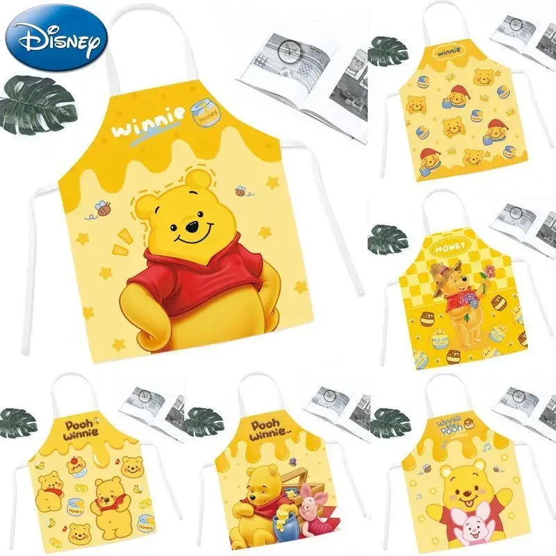 Disney Winnie The Pooh Apron Cartoon Cute Anti-fouling Imitation Hemp Apron Household Kitchen Baking Cleaning Linen Apron