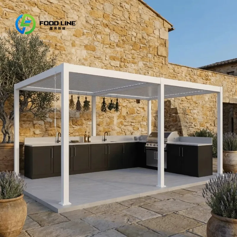 Customized 2026 New Stainless Steel Outdoor Kitchen Cabinets with Gas Grill Pizza Oven Fridge,Electric Louvered Pavilion