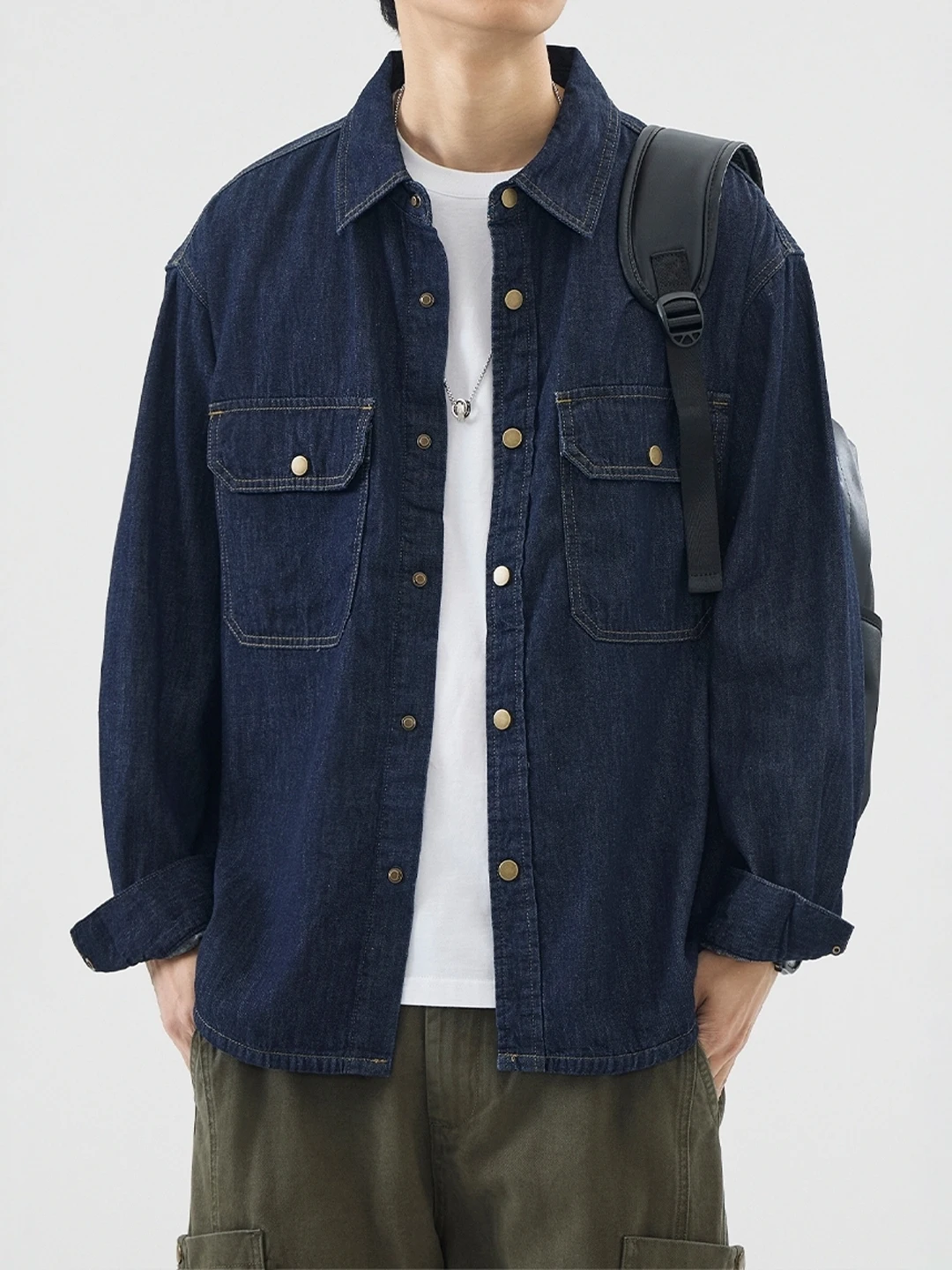 

Classic Simple Original Color Waed Denim Long Sve Men's irt Spring Autumn New Sle Versatile Retro High-End Feeling S...