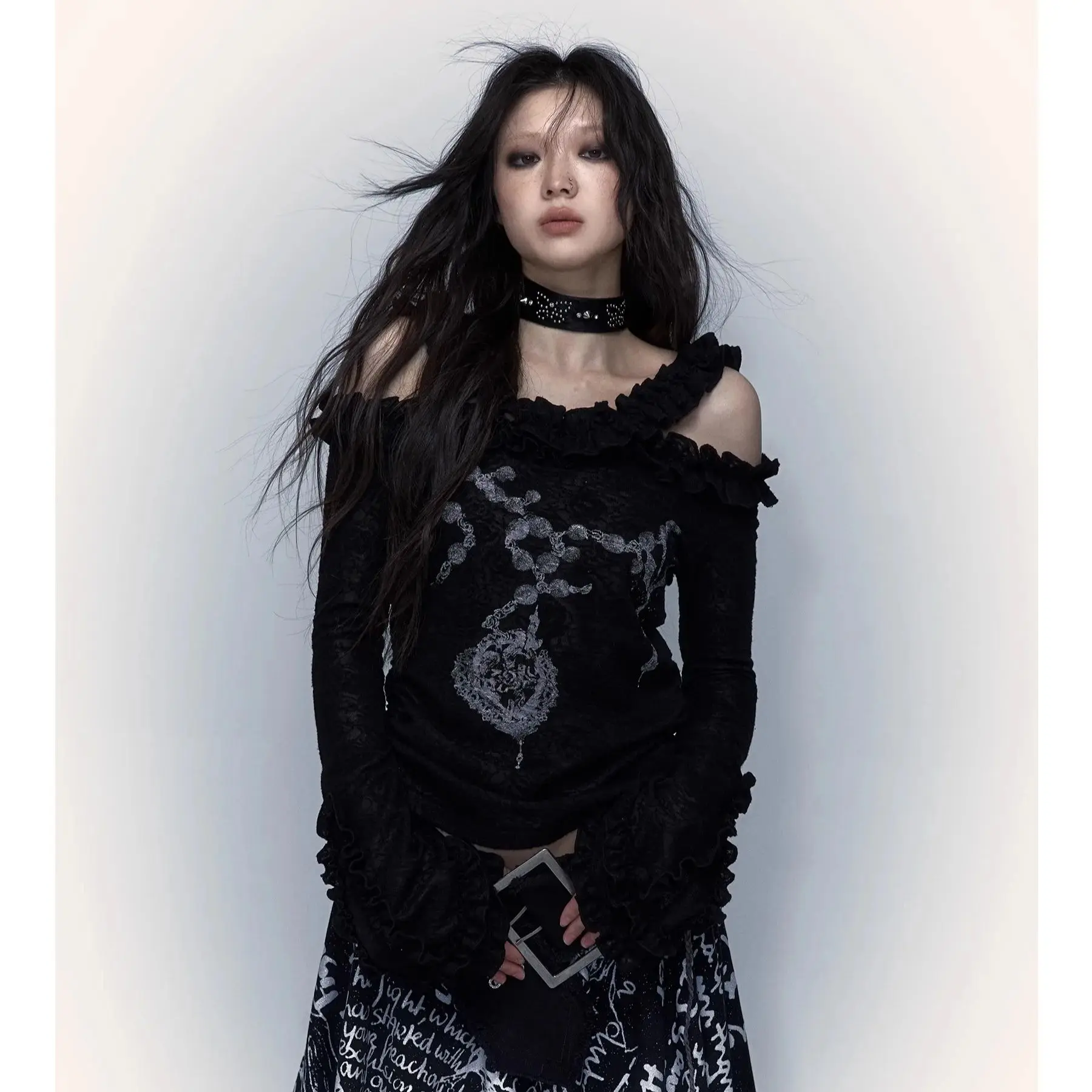 

No Romance Original Design Gothic Print Long Sleeve Slash Neck Two Ways Wearing Punk Dark Black Knitted Bottoming Shirt