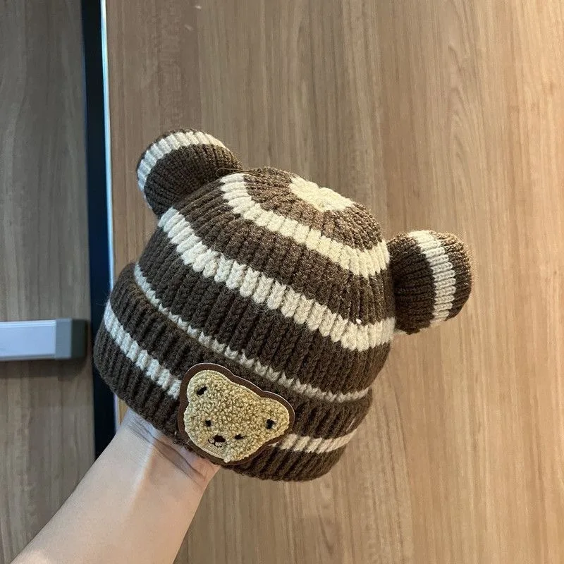 Baby Autumn and Winter Korean Style Children's Knitted Hat Boys and Girls Baby Striped Bear Head Woolen Cap Curling Melon Skin W