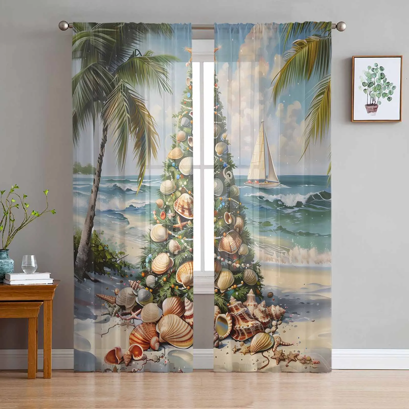 Christmas Beach Christmas Tree Shell Sailing Palm Tree Sheer Curtains For Living Room Modern Valance Kitchen Tulle Curtains