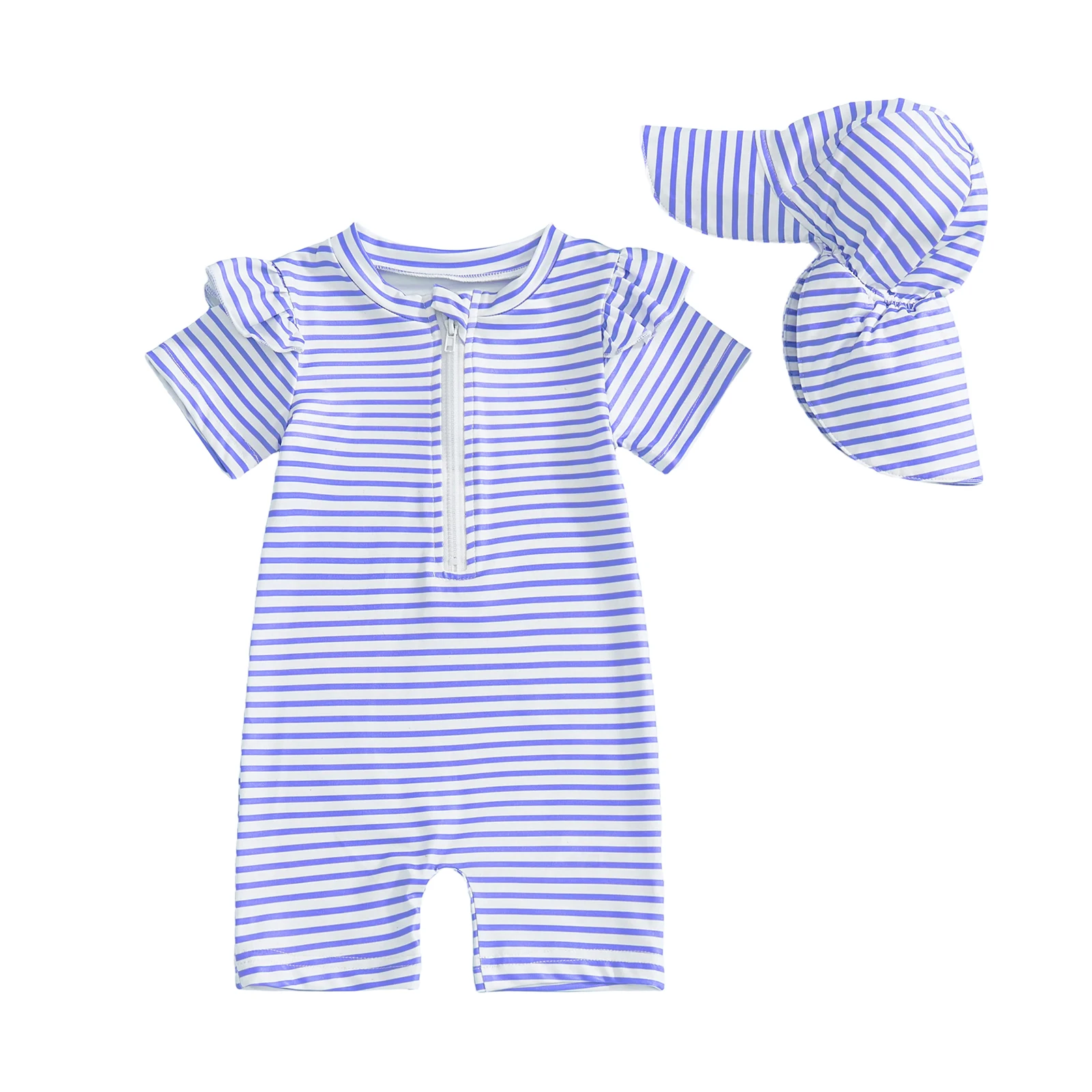 ملابس سباحة للفتيات الصغيرات مع قبعة مكونة من قطعتين، ملابس سباحة مخططة مكشكشة وسحاب وأكمام قصيرة