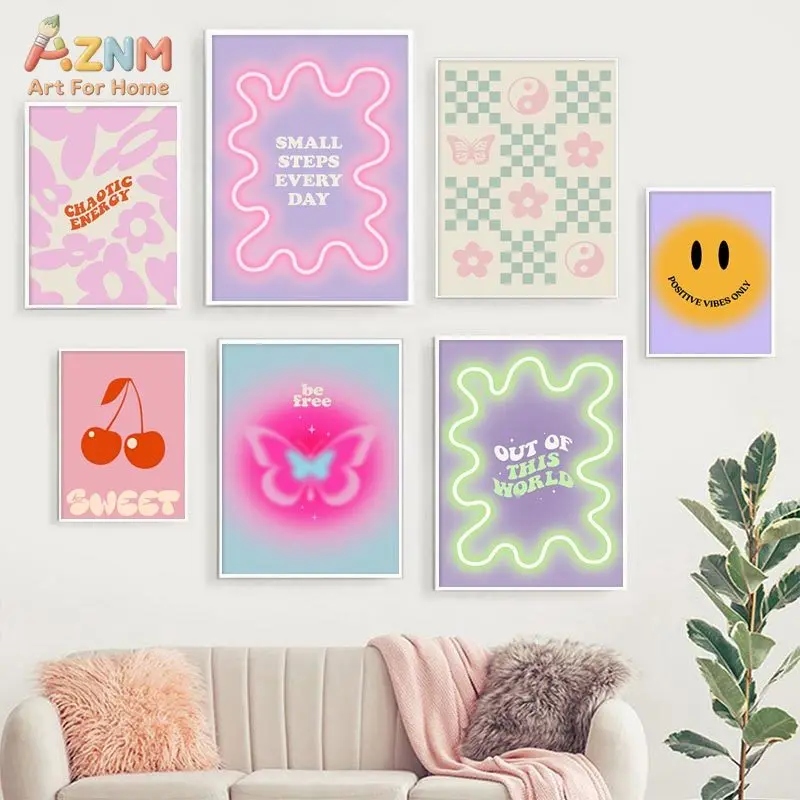 AZNM Pastel Retro Canvas Print Checkerboard Butterfly Cherry Heart Smiley Flower Positive Quote Y2K Cute Teen Girls Bedroom Wall
