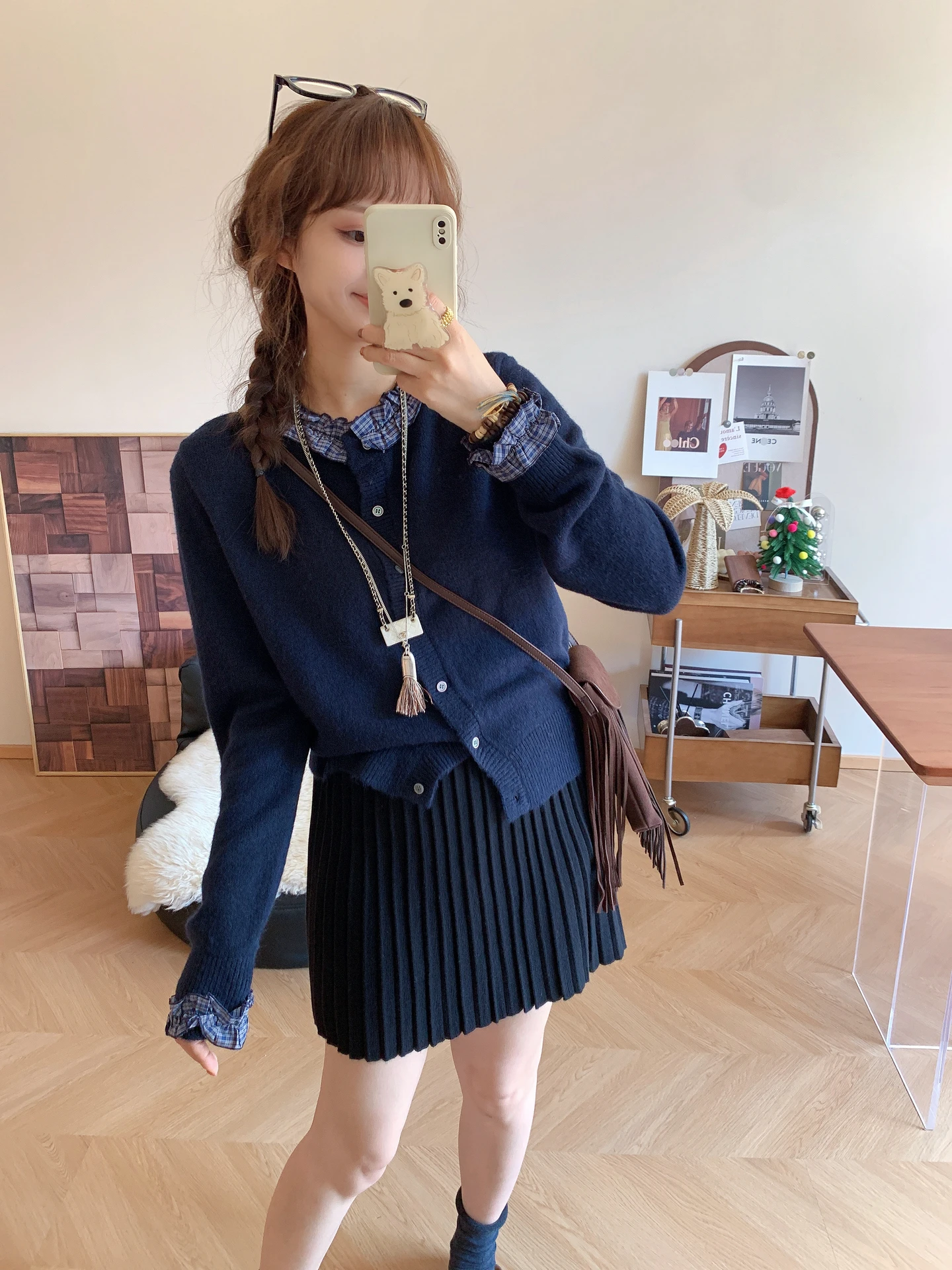 

Early Autumn Plaid Splicing round Ne Knitted Cardigan Fake Two-Piece Knitted Top Women's Sweater Coat Casual Loose Fit Long...