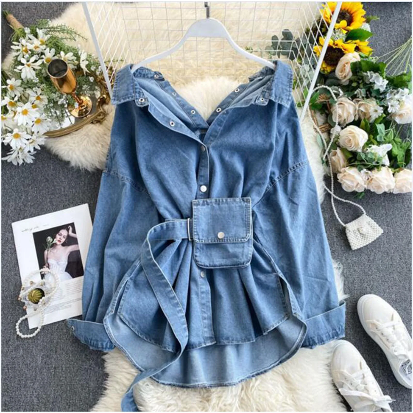 Fashion Adjustable Waist With Pockets Denim Dress for Women Chic Korean Style Single Breasted Long Sleeve Party Dress 2024