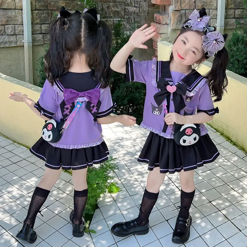 Dziewczęta Kuromi Jk Uniform Suit Kawaii Sanrioed Kids Short Sleeve Shirt Pleated Skirt Two Piece Set Summer Fashion Preppy Suit Gift