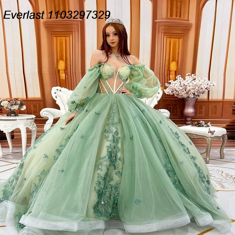 EVLAST Customized Green Quinceanera Dress Ball Gown Lace Applique Beading Long Sleeve Sweet 16 Vestidos De XV 15 Anos TQD691