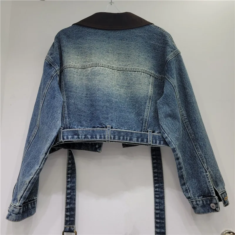 Korean Contrast Color Lapel Patchwork Short Denim Jacket With Sashes Women Light Blue Dark Blue Long Sleeve Jeans Jacket Coat
