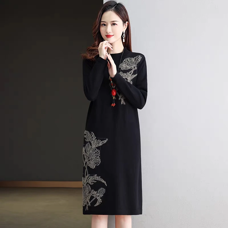 

Flowers Jacquard Knitting Dress Women Oversize Loose O-neck Knee-Length Female Sweater Dresses Cashmere Vintage Bottom Vestidos