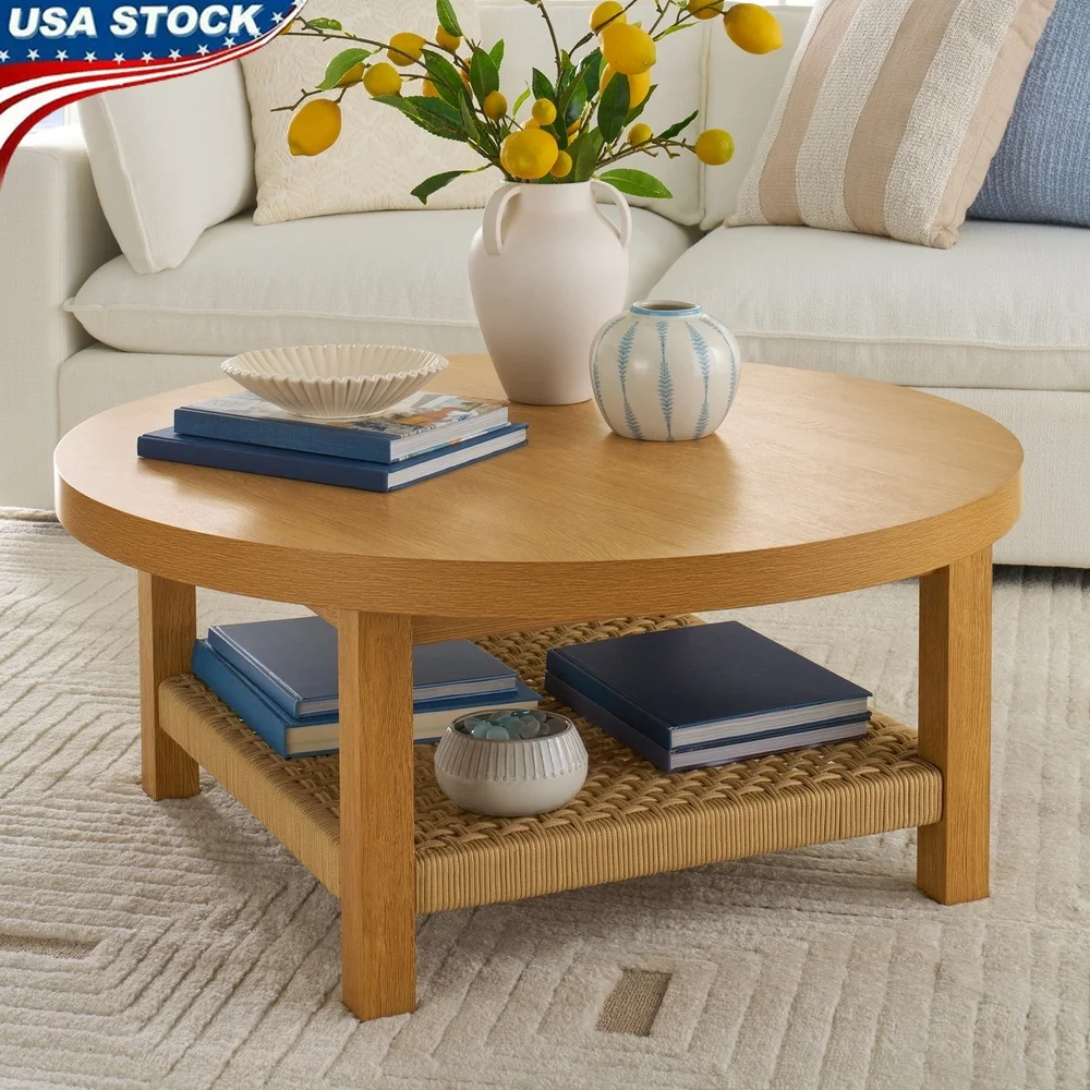 

Прибрежный журнальный столик с полкой ручной работы, светлое медовое дерево, круглая столешница, просторная акцентная мебель для гостиной