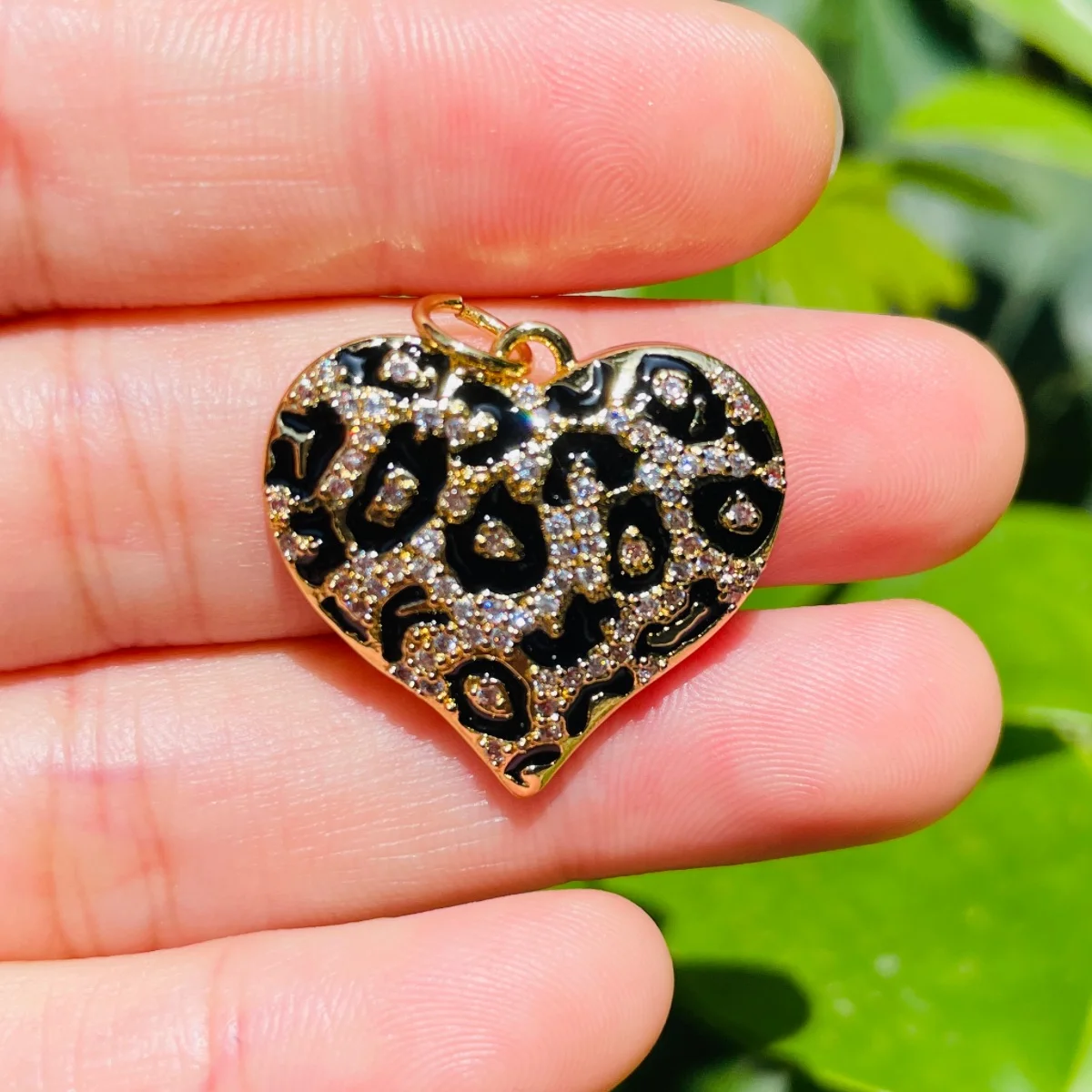 5pcs Enamel Black Leopard Print Heart Charms for Women Bracelet Making Zirconia Pave Pendants for Girl Necklace Jewelry Handmade