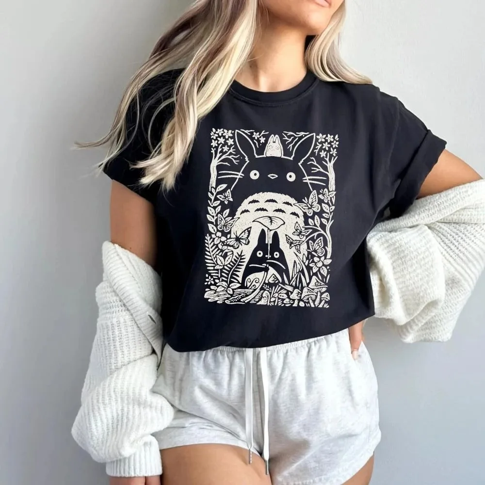 Forest Creature Block Print Graphic Women T-Shirt Vintage Nature Art Oversized Casual Streetwear Tee