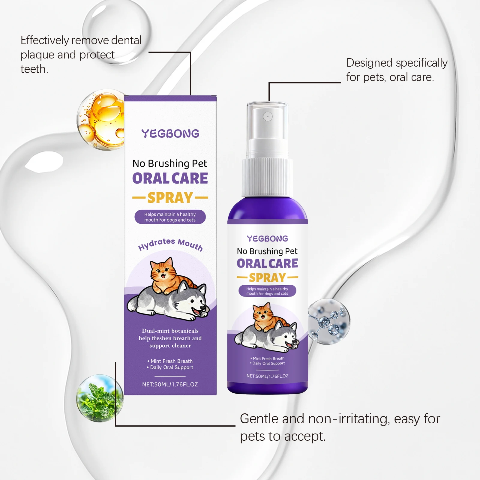 50ML Mint Pet Oral Care Spray Gentle Cleaning Teeth Stains Prevent Plaque & Tartar Refreshing Breath Natural Pet Dental Spray