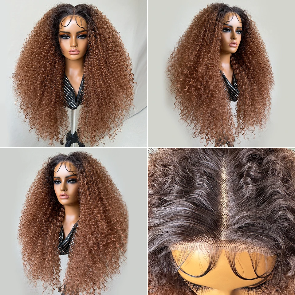 Ombre Blu 24 "Parrucca Jerry Curl Ricci crespi Parrucche anteriori in pizzo sintetico Miscela di capelli Pre pizzicati Latisha T-Part Parrucca frontale in pizzo