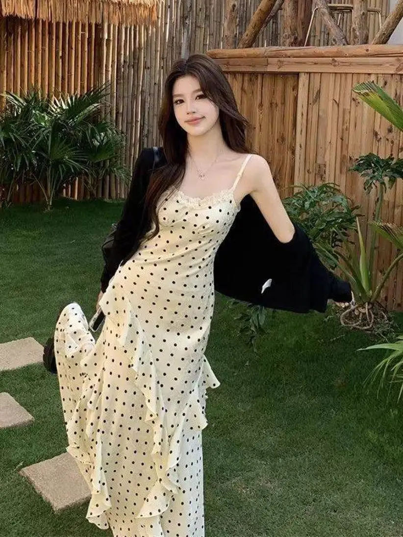 White Polka Dot Ruffle Halter Dress Women's Beautiful Early Spring Slimming Wrap around Skirt Bohemian Style High Waist Long ... 2