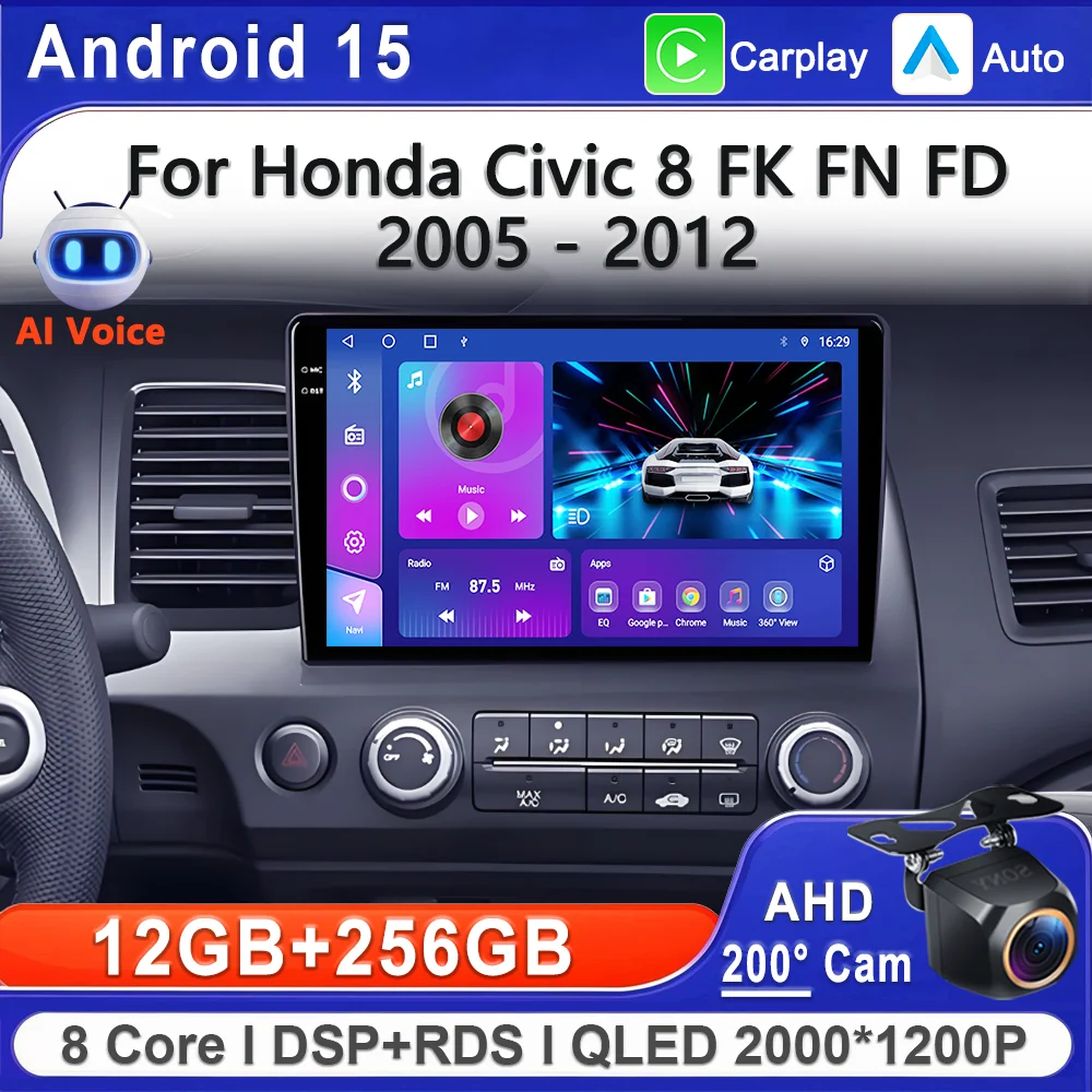

Android 15 2K Incell Screen For Honda Civic 8 FK FN FD 2005 - 2012 LHD Stereo Head Unit GPS Navigation High-performance CPU DVD