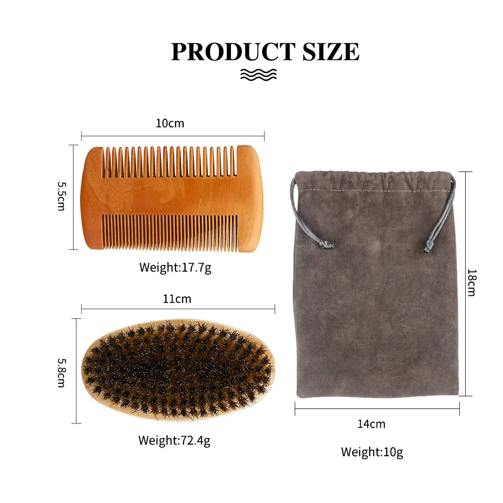 Cepillo de barba de madera de cerdas de jabalí para hombres, herramientas de afeitado de peluquero, peine de bigote con bolsa de regalo, juego de