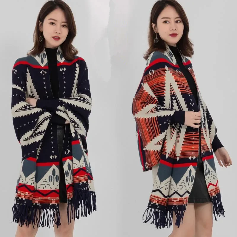 Shawl Women Knitted Cardigan Tassel Sweater Cape Femme Autumn Winter Color Matching Fashion Tops Casual Bat Sleeve Cloak