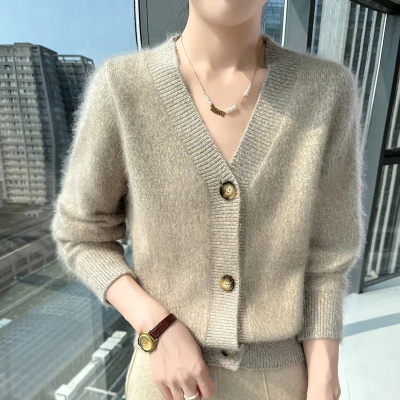 

100% Mink Cashmere Knitted Cardigan Women's V-Neck Loose Large Size Jacket Fashion Warm Colored Yarn Coat New Bottoming Shirt