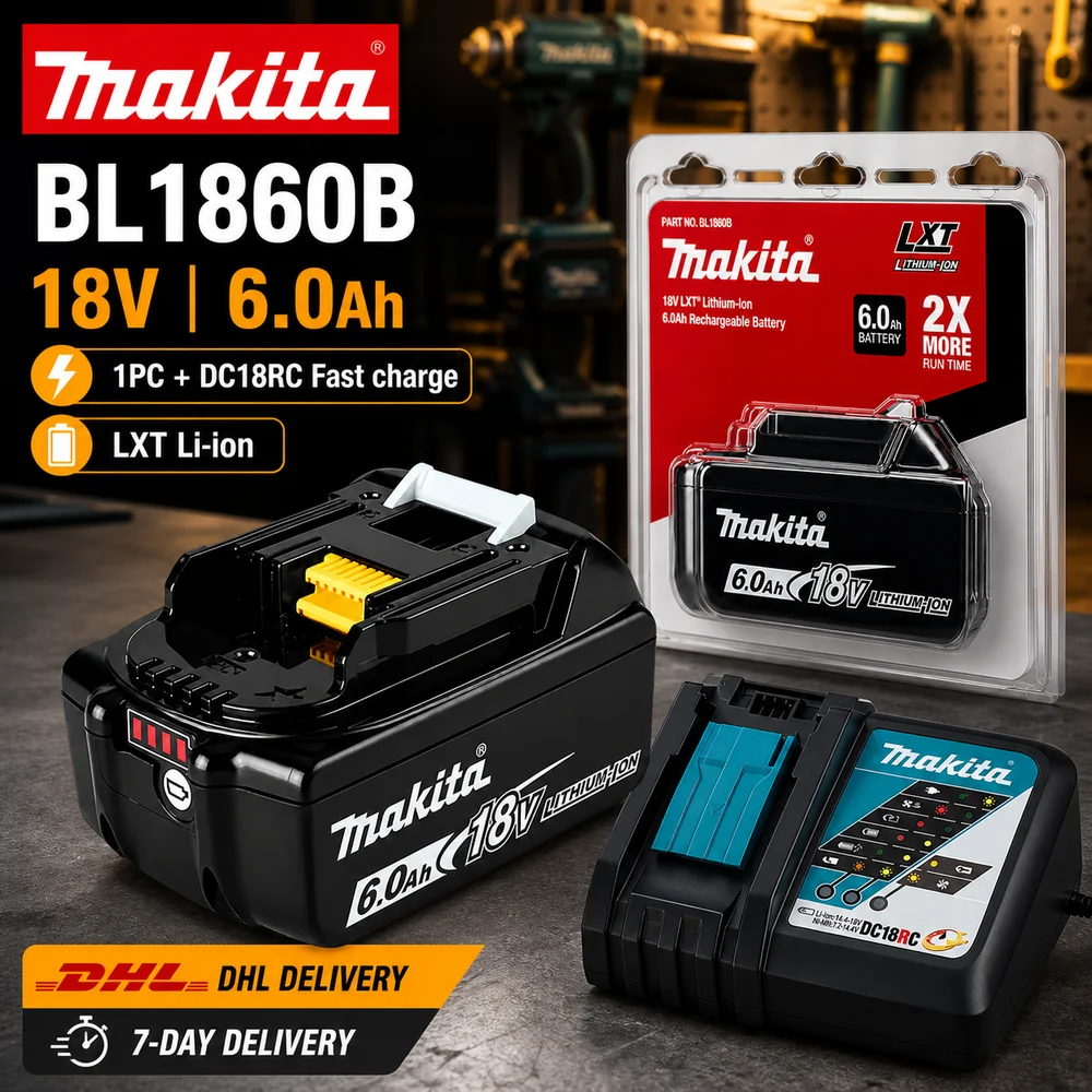 Original Makita BL1860B 18V 6.0Ah Li-Ionen-Akku für Makita 18V LXT, 18V LXT Slide-on-Schnittstelle, kompatibel mit BDF453SHE BHP452 BGA452Z BHR241Z, mit Kunststoffgehäuse, BL1815, BL1815N, BL1820,