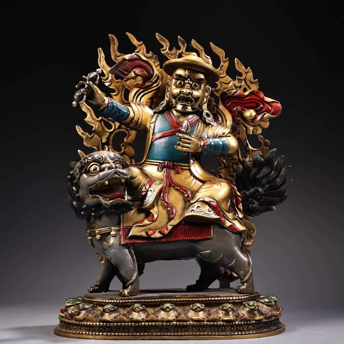 Tibetan Buddhist Damchen Dharma Protector Statue Lion Riding Guardian Deity Sculpture Tantric Altar Worship Ornament