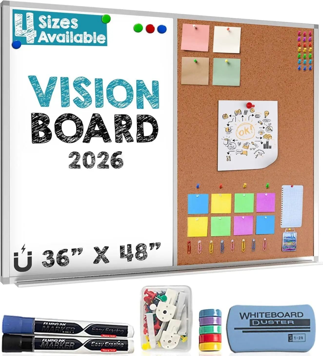 

Dry Erase Whiteboard & Cork Board Combo 36x48 Inch, Half Memo Board with Push Pin Surface for Office Home Classroom
