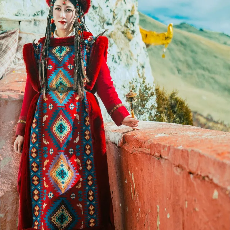 New Tibetan Wine Red Retro Long Vest Tibet Ethnic Clothes Style