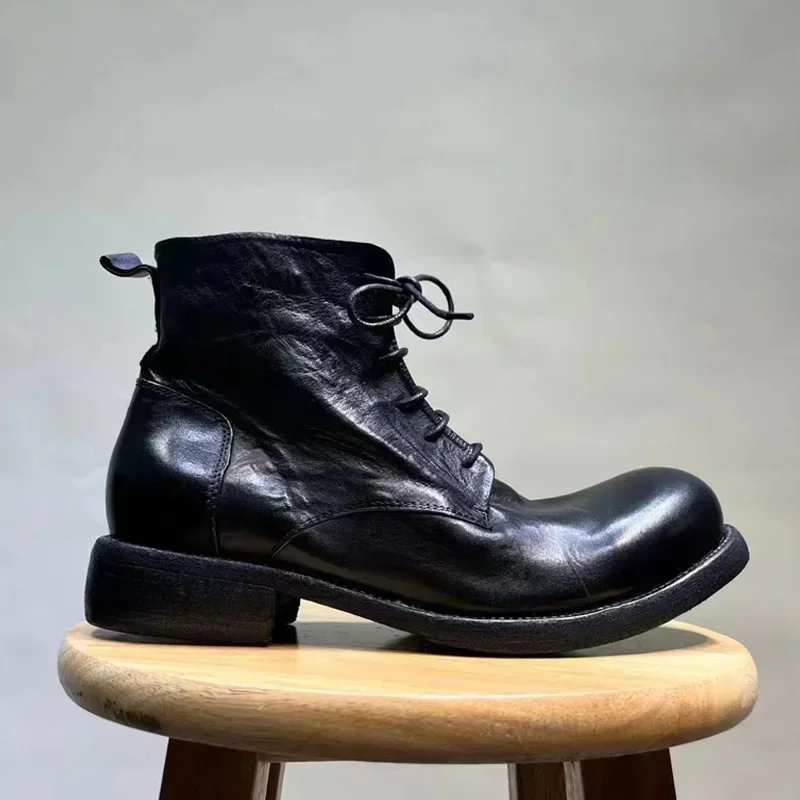 Sprane męskie wysokie buty retro skórzane grube podeszwy wysokie krótkie skórzane buty Goodyear-ręcznie robione buty ze skóry końskiej noszone