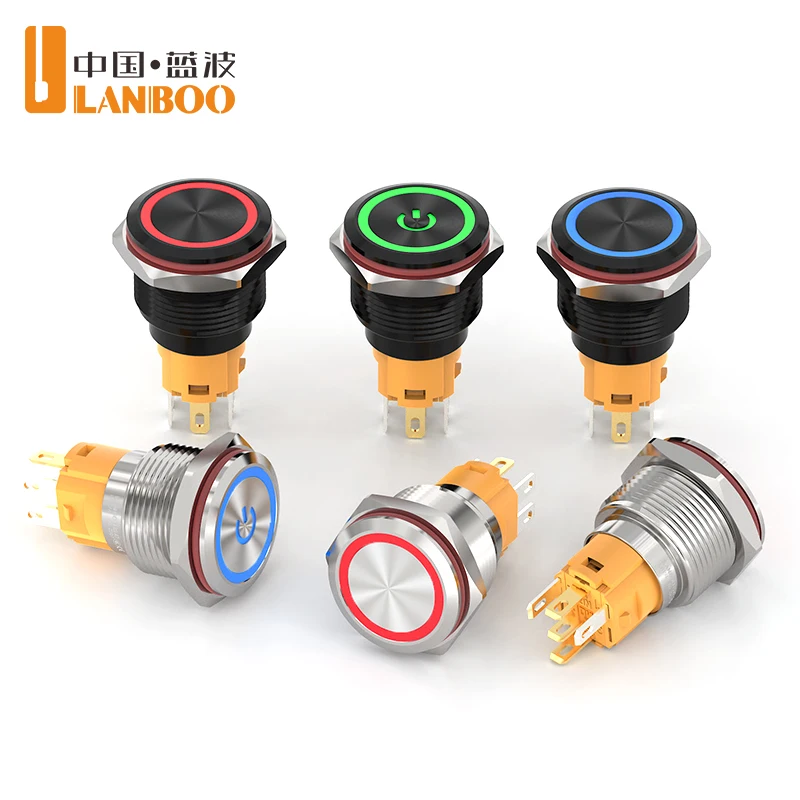 LANBOO LB19A chrome/aluminum oxide black button switch. Momentary or Latching options available. Voltage: 9-24V / 220V