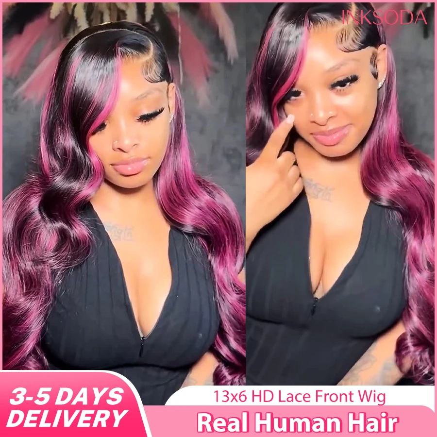 

P1B Rose Red Body Wave Colored Wigs Highlight Wig Human Hair Colored Wig 220% Density 13x6 HD Lace Front Wigs Pre Plucked