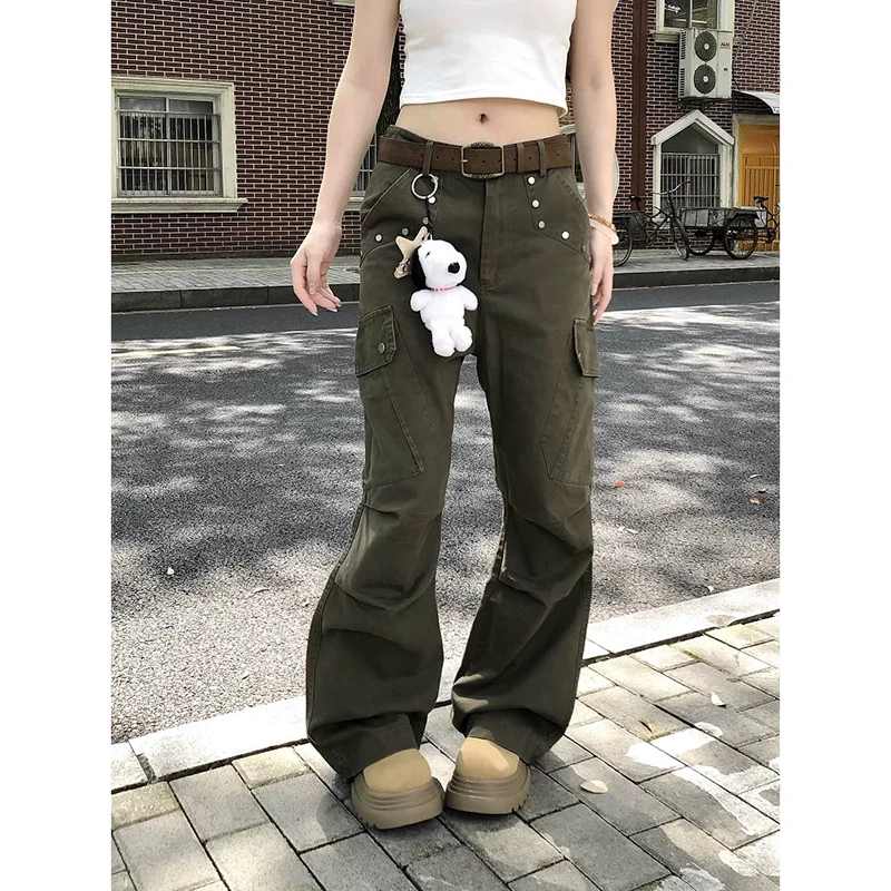 

ZHIZOU Green Womens Jeans High Waist Vintage Straight Y2K Classic Denim Pants Streetwear American Wide Leg Baggy Denim Trouser