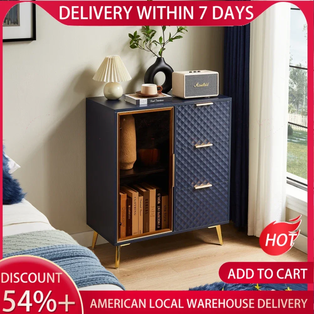 

Dark Blue Carved Fashion Style Chest of Drawers with Aluminum Alloy Frame Tempered Glass Doors Metal Legs Adjustable Feet