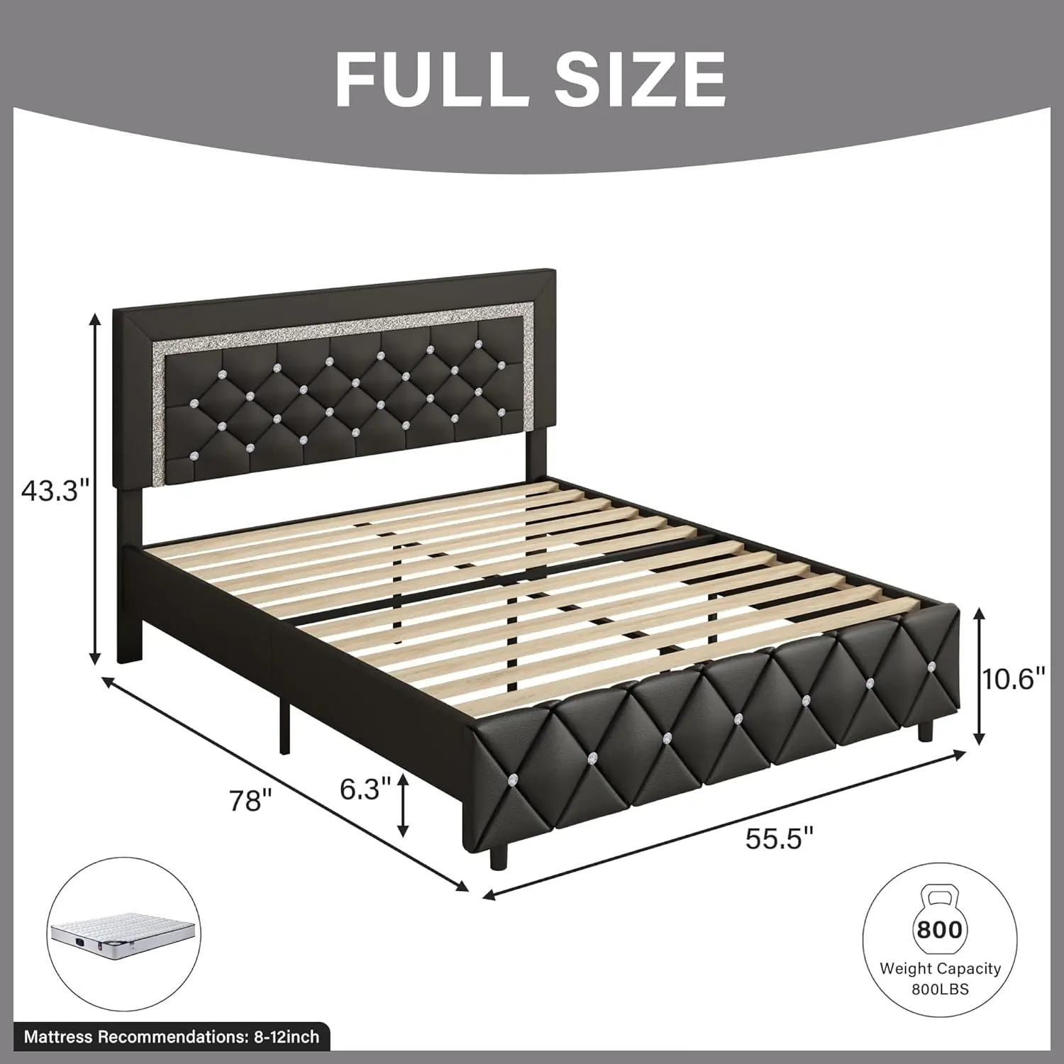 Full Upholstered Bed Frame with Button Tufted Headboard, Modern Platform Bed with Diamond Design, Mattress Foundation,Black