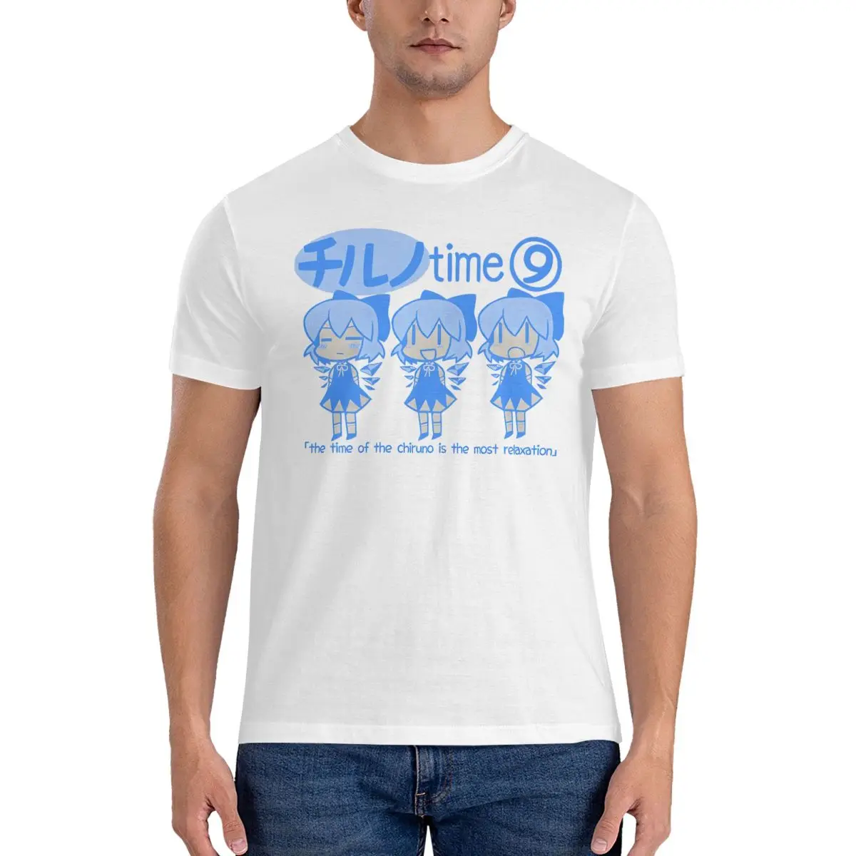 Casual Chill Cirno Time T-Shirt Men Round Collar Pure Cotton T Shirt Touhou Project Short Sleeve Tee Shirt 4XL 5XL 6XL Clothes