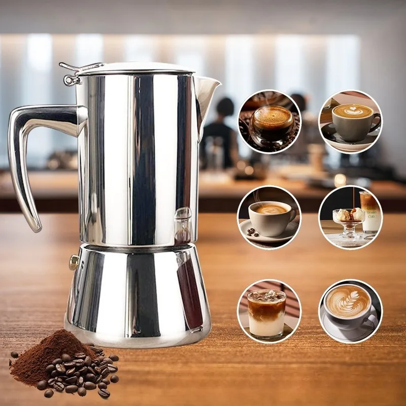 

Кофейные кастрюли Moka 200/300 мл с изогнутой ручкой для безопасной заливки из нержавеющей стали работает на плите и индукционной плите, идеальная кофеварка для эспрессо