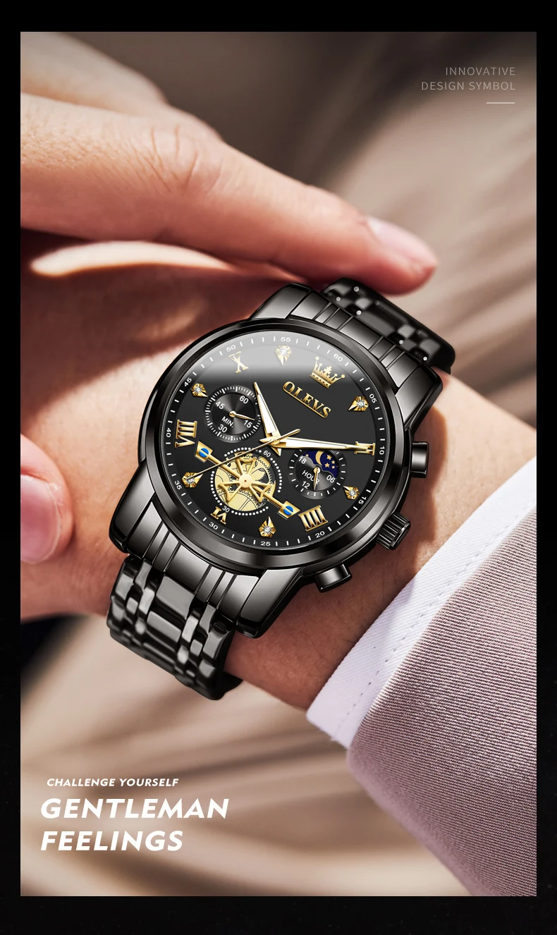 OLEVS 2856 Quartz Watch for Men Flywheel Skeleton Chronograph Moon Phase Multifunctional Stainless Steel Men's Wristwatches