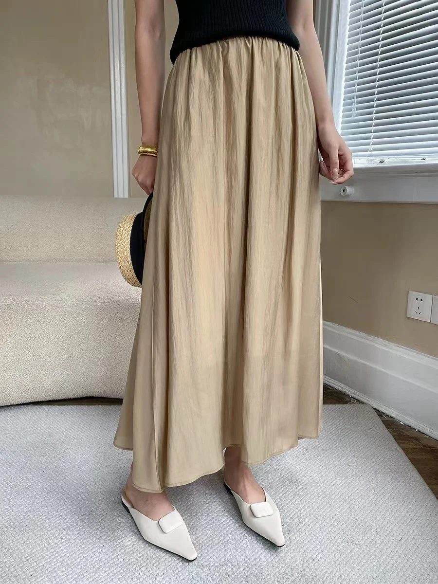 Women's Glow Tencel High Waist Slim A-line Pleated Elastic  Long Halfskirt 2023 Summer Satin Maxi Skirts