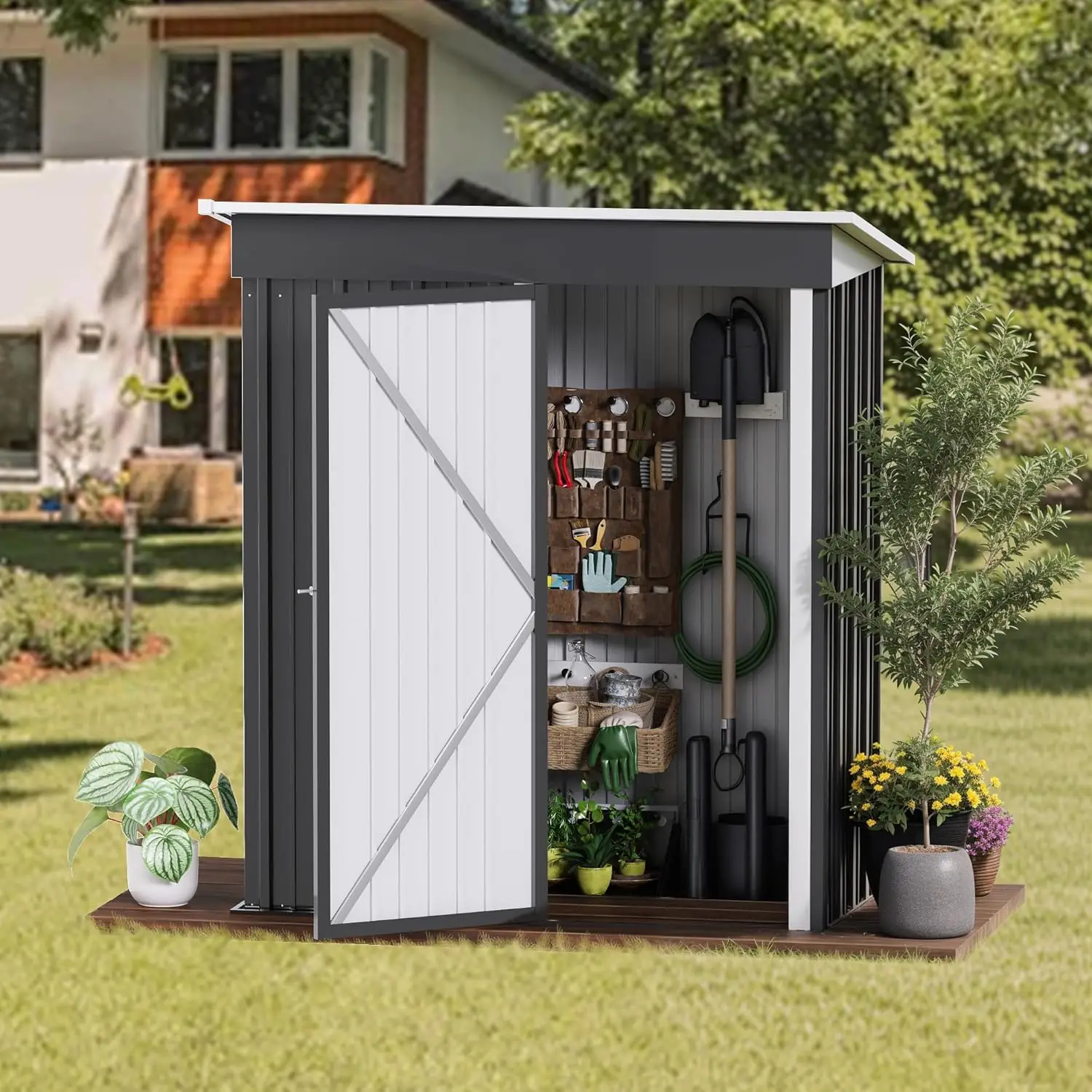 Cobertizo de jardín, cobertizo de almacenamiento exterior de acero galvanizado 162x92x180cm, techo inclinado y bloqueable, herramientas de jardinería, almacenamiento de bicicletas, garaje Ut