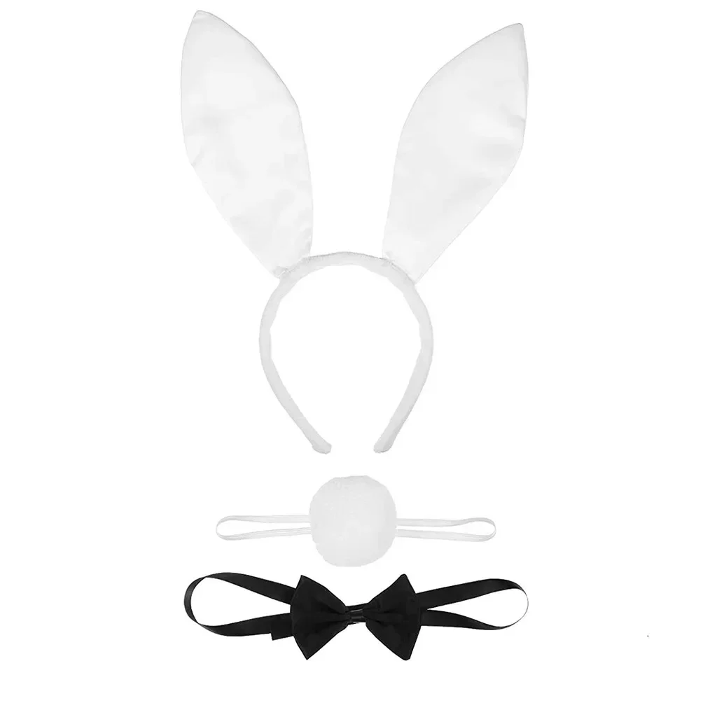 Bandeau de lapin noir blanc pour filles, bandeau de sauna, oreilles, queue droite, costume de cosplay d'Halloween, fête, 1 pièce