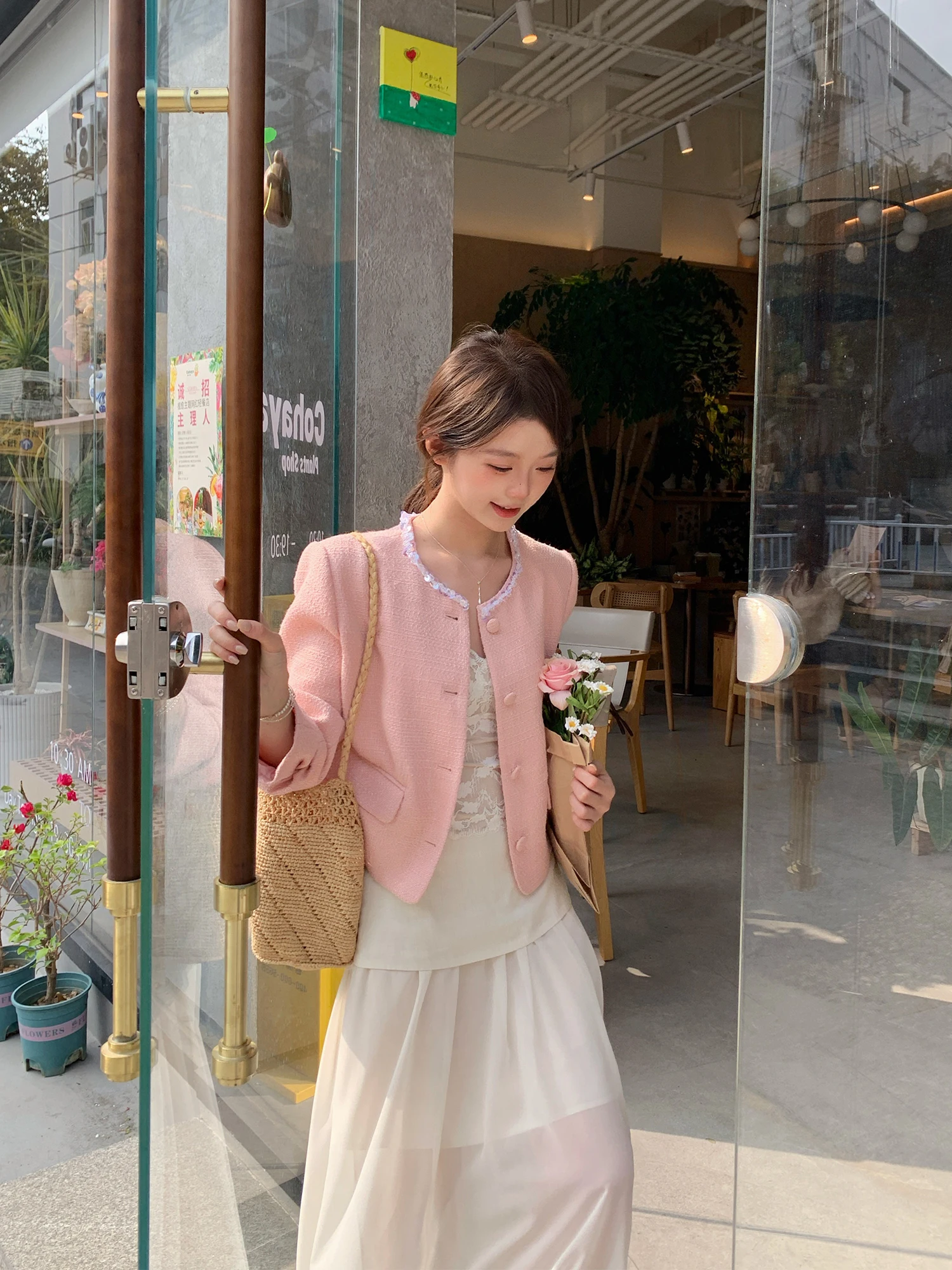 

Ele Small Fraance Sle Outerwear Coarse Tweed Women's Faion Spring Season Sweet Sle Loose Fit Polyester Fabric