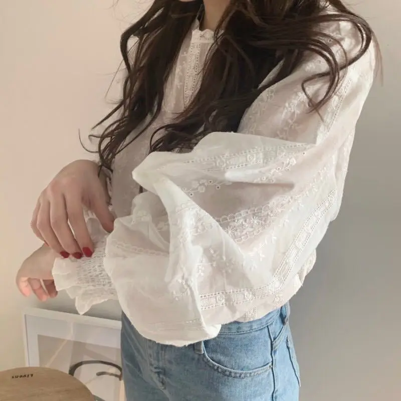 Ele Women's Lace irt Spring Faion Loose Hollow Long Sve Base Layer Lantern Sve Ultra Fairy T Sle Blouse image 5