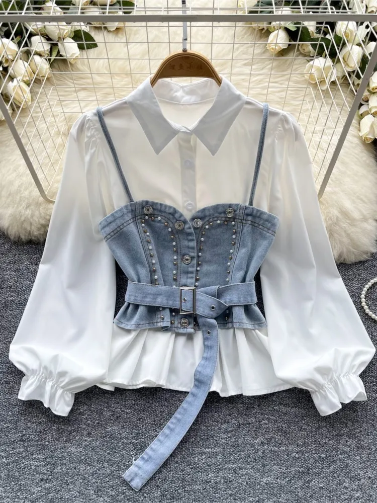 Vintage Casual Slim Blouses Tops French Lantern Sleeve Shirt+Diamond-encrusted Denim Belted Waistcoat Female Clothes Autumn New